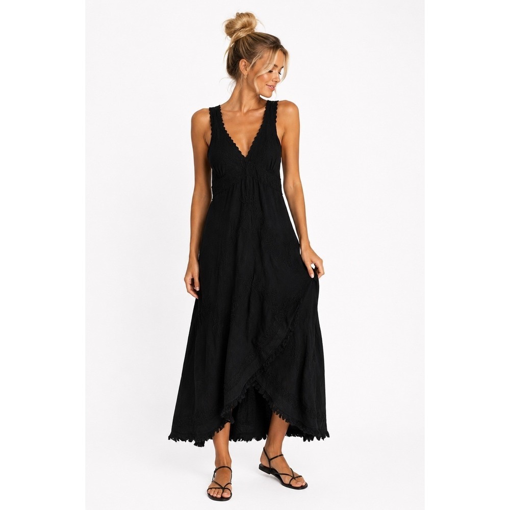 Giocam Maxi Dress Women XL Black Embroidered Boho Festival Wear Cotton